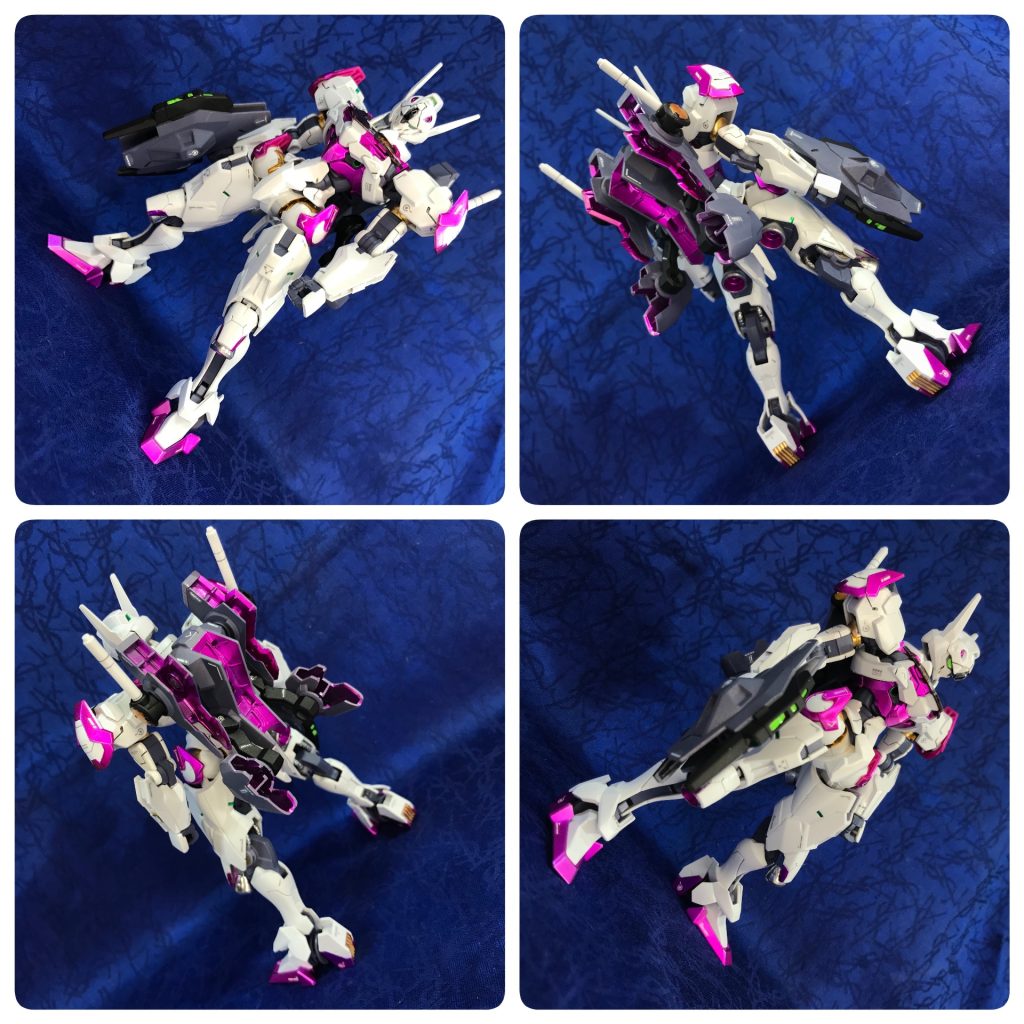 デカールを貼ると引き締まりますね。バックパックはGグレーとメタリックピンクで色分けしてみました。