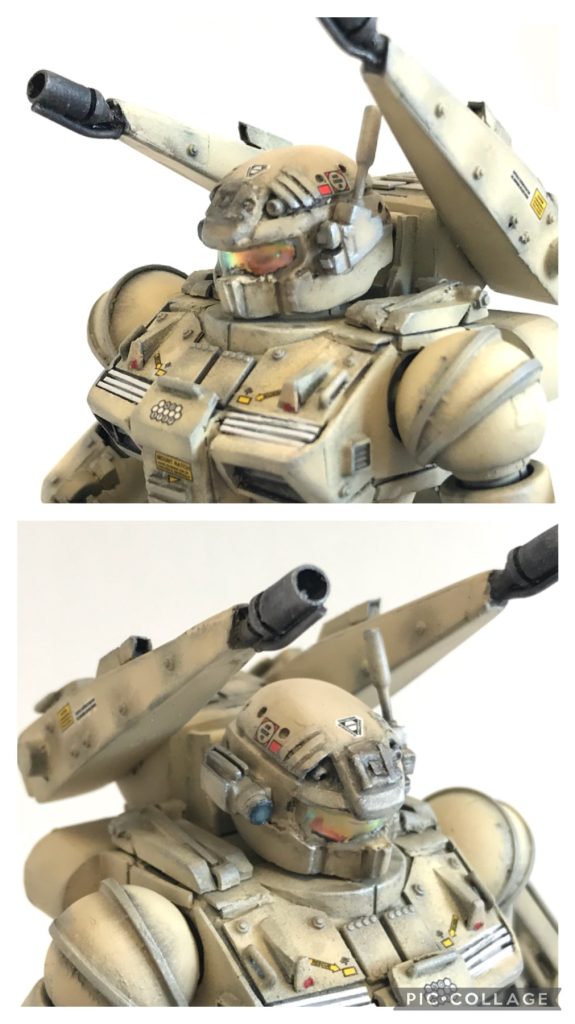 ヘッドは後頭部の元々アンテナBOXであった所までヘルメットを延長しています。真上から見ると楕円形状の頭に改造しました。カメラアイは100均で買ったネイルパーツの偏光シートを使用しました。1)キット付属のカメラアイシールを型取り偏光シートをデザインカッターで切り出し。2)付属シールをヘッドに貼りその上にレジンを少量垂らしたら切り出した偏光シートを上に被せ紫外線で固定。3)偏光シートの上にトップとしてレジンを少量流し込み更に紫外線で硬化。4)そのままだとギラつきがキツイので艶消しを吹いて完成。この作業が一番大変でやり直しが効かず肝を冷やしました。ヒントを頂いたDBさんに感謝です!お陰様で「らしく」仕上がりました。