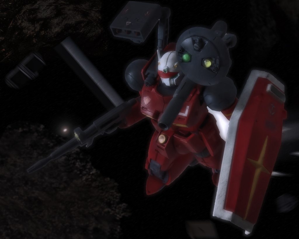 レイドがふと我に返ったのは全ての弾を打ち尽くしてからだ。カチカチとスイッチの音のみがし、弾は一切発射されていないのに気づくと全身が水に浸かったようにびっしょりであった。ミサイル発射後の記憶はほぼない。レーダーを見ると敵のザクがこの場から離れているのを確認する。それからネイマンと合流すべく移動を始めた。