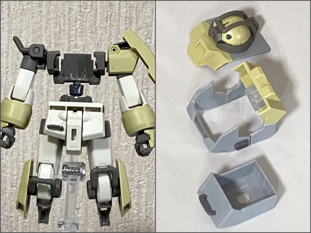 胸の中にスペースを作るため、肩の付け根が前から下に移る形で向きを変え、後ろと下を残して切り取りました。腰はボールジョイントで接合。胸外装は上面だけ残し、元々のデザインを活かしてハッチにしました。胸下面等はプラ板で自作し、コクピットスペースを確保しています。腹部外装もプラ板で箱組みしました。当初はチュチュを自作して乗せるつもり満々だったのですが、頭部7mmのサイズでパテ造形は厳しかったので断念。ギリギリ顔造形が識別できてしまうサイズなのが厳しいですね。どのみちあの髪型は外さないたハッチ閉じれないですし…😅代わりに座っているのは、メルカリで見つけたゴムフィギュアです。