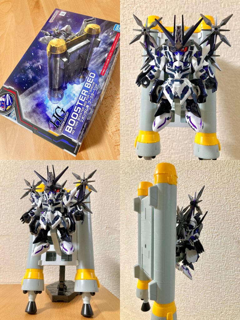 福岡νガンダムベースおみやげ品のνガンダム用ブースターベッドをそのままの形状で活用し、カラーリング変更と接続周りの微調整、ディスプレイスタンドの用意だけのお手軽で作りました。素材キットの都合上、正方形に近いアニメ登場デザインよりも少々縦長で大きめのサイズにはなりましたが、制作期間2日間でそれなりの雰囲気で原作再現して遊べたのでとても楽しかったです。