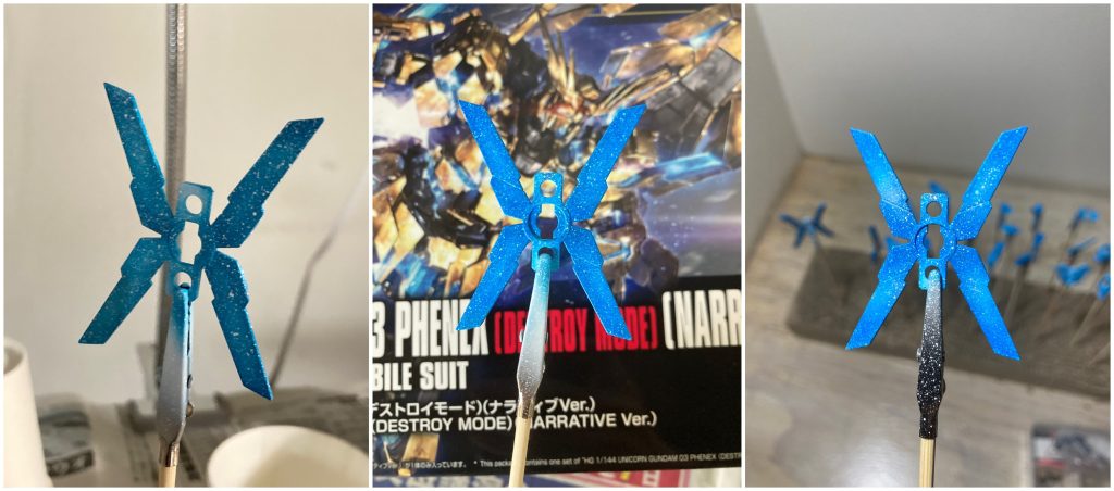 蛍光ブルーのグラデーション塗装→スパッタリングを3回ほど繰り返しています。