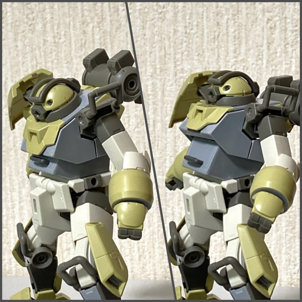 本来ATの胸腹は固定だと思いますが、デミ本来の可動を失うのは悔しいので、ボールジョイント接合を活かして前後スイング、左右の捻りが可能なスペースを残しました。パイロットの足が挟まる事故が多発しそうで怖い😅