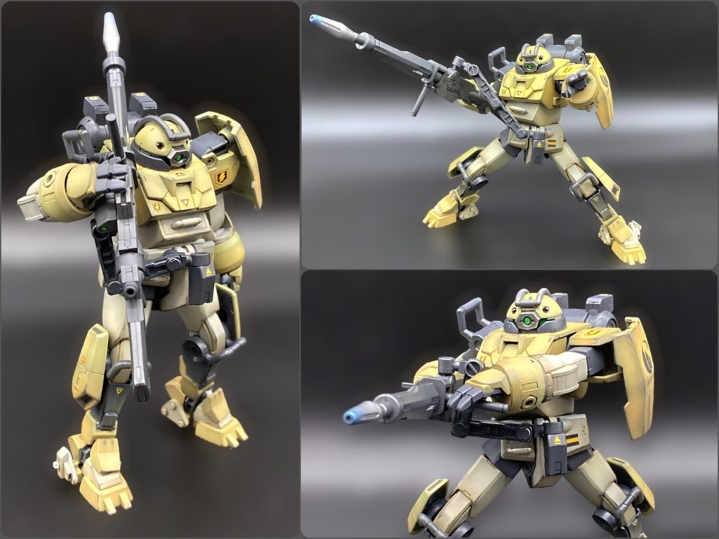 長いライフルを支えるアームはカッコ良いのですが、ポーズの妨げになるので、ジャンク箱をガサゴソして出てきたアームに交換。長くて折れ曲がるので自由度が大幅にアップ!😃グリップを下に持つのが嫌いなので、横向きに持たせて脇に抱え込めて満足😁