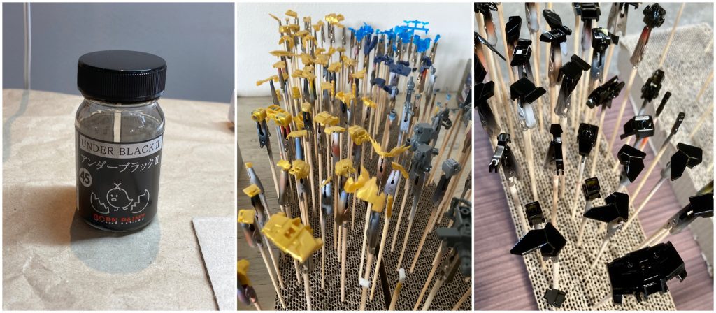 ゴールドの下地はボーンペイントのアンダーブラックⅡを使用。ガイアのスターブライトゴールドを吹いて、クリアーで色を薄くしたクリアイエローを重ねてキャンディ塗装をしています。