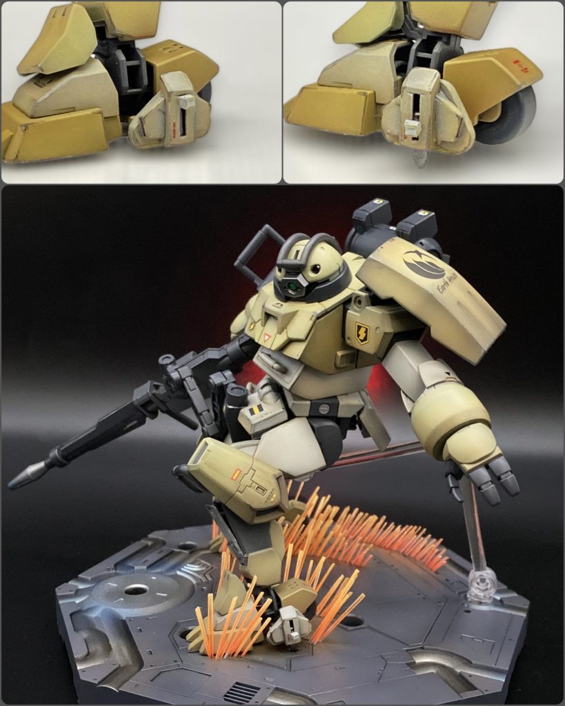 ターンピックは伸縮可能。旋回シーンをイメージした演出も作成しました。サムネはブラックライトで、こちらは通常照明で撮影。透明プラ板を100本近く千切りしてベースに刺しました。本来もっとスマートに曲がるのですが、今の映像表現なら内側にバンクして外足は振り回されるだろうと想像しながら作りました。折角ピックが刺さっているのに全くわからないのが悲しい所ですが、火花撒き散らしながら無理矢理曲がっている感じは我ながらカッコ良くできたと満足してます😆