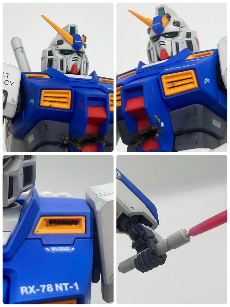 加工箇所は①バルカン部を開口し、ガンマズルを埋め込み②額と後頭部のカメラの表面・ツインアイの裏側にホログラムフィニッシュを貼り付けて、クリアーグリーン系の塗料でコート溶断されたコックピットハッチ部をプラ板で新調し、ラジオペンチで外側への反りを表現③胸部・鎖骨のインテーク内にエッジングパーツを埋め込み④ビーム刃放出口の先端に真鍮線を追加、付属のサーベルの刀身がやや長かったのでHGリーオーの刀身を流用しました。