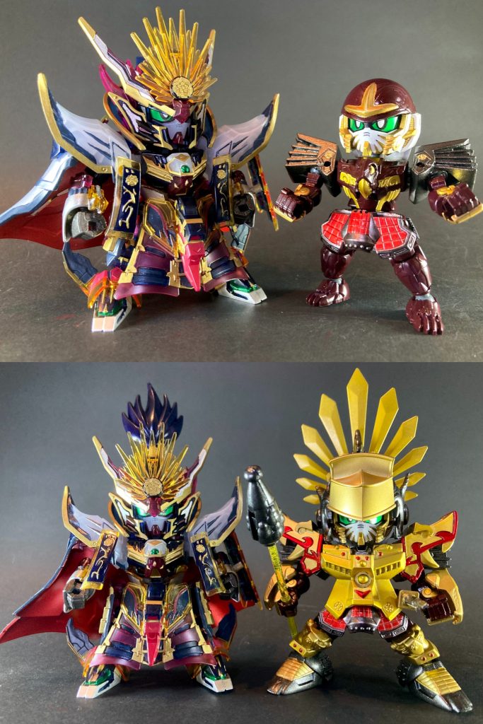 第3形態の太閤シルエットは天下人・秀吉の最終形態という事で、悟空インパルスDXセットより渾然猴王態(こんぜんこうおうたい)のゴテゴテ盛り盛りアーマーをふんだんに投入しています。豊臣秀吉頑駄無の背部大型バインダーや肩部ショルダーキャノン、ラメ入りクリアパーツ等も全て活用し、大ボリュームのドデカ形態になりました。老境の太閤らしい白髭のパーツも付けて、絶大なエネルギー出力を制御し切れず半ば暴君・狂化状態となっている晩年の太閤秀吉、といったイメージの最終形態です。SDWヒーローズ軍馬は、豊臣家の名馬として知られる太平楽の名を冠する設定で秀吉のカラーリングに合わせて製作しました。正面の鎧に千生大将軍の兜・大爆面、前脚の肩部に千生盾の四方八方刀をSD戦国伝リスペクトを込めて加えさせて頂きました。また黄金の茶室を造営した事でも知られる秀吉の茶の湯好きに因んで、以前製作した利休ガンダムとのコラボレーションで黄金の茶会も開催致しました。たまたま趣味で収集していたガチャポン商品の黄金の茶器セットがドンピシャで活用出来たのでとても嬉しかったです。