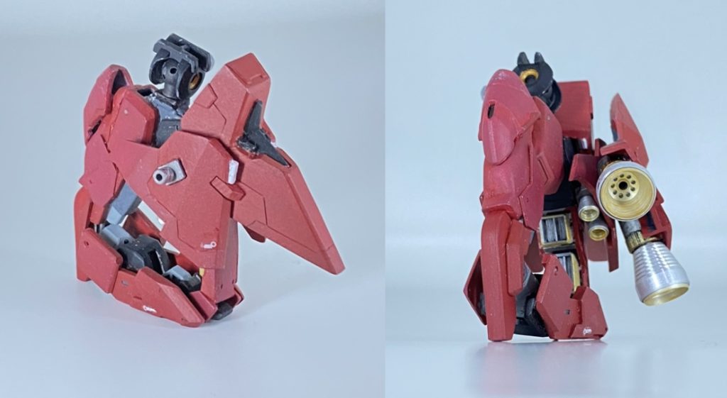 脚部芯にセラフィムガンダムの脚部を使ってます。ヒザを逆に曲げたらリハイゼの脚っぽいなって思ったのが製作の始まりだったりします。ちっちゃなバーニアも金属パーツが使われてます。あんまり見えないんだけどね。意地です。