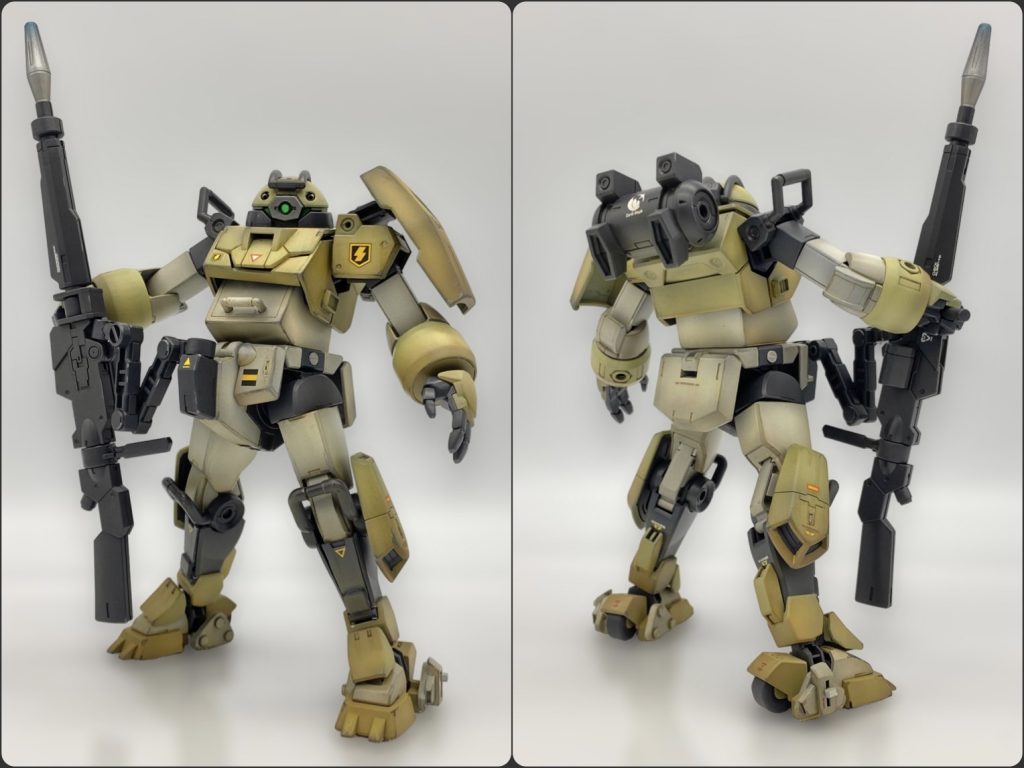 あくまでも今回はデミトレーナー!と思いながら仮組中に足を切断している自分に愕然…😅最早ATにせざるを得なかったのですが、なんとなく初心へのこだわりが捨てきれず、姿はなるべく原型をとどめながらATとして作成するといった路線に落ち着きました。いつも通りのエアブラシ全塗装ですが、今回は普段より小さいサイズを表現するため、足元中心ではなく全体的に強めに汚しています。デカールも手持ちのガンダムデカールから、古臭さを感じるデザインのものを選びました。