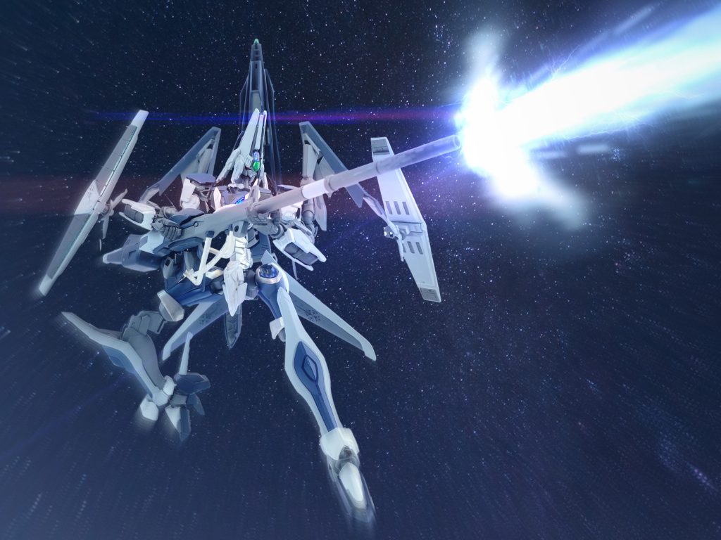 [バスターランチャー]本機の主武装にして最大火力の武装。MSとしてはかなり大柄な本機の全長にも匹敵するほどの砲身を持つ大型ビーム砲。出力を抑えた連射モードと単発の高火力モードを切り替え可能だが、連射モードであっても対MS戦闘においては過剰なほどの火力であり、明らかに対艦船、対拠点攻略を前提として開発された武装である。