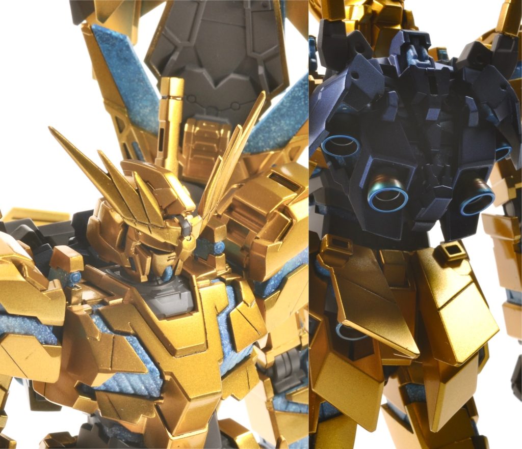 サイコフレームは少しグリーンを入れて調色した蛍光ブルーのグラデーション塗装とスパッタリングで粒子感のある表現に挑戦してみました。バーニアはクロームシルバーの上からクリアブルー、クリアイエロー、クリアブラウンで焼け塗装してみました。