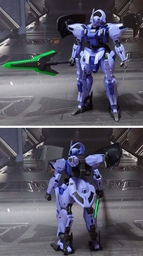 ダリルバルデの装備で前後ろ。■塗装レシピ薄紫：黒サフ→ラベンダー→つや消し青紫：黒サフ→ブルーバイオレット→つや消し黒：黒サフ→MSグレー連邦系→つや消しフレーム・手首グレー：黒サフ→ブライトガンメタル→つや消し頭部センサー：黒サフ→ブラック→メタルゴールド→光沢クリアパーツ：光沢刀刃：黒サフ→ブラック→メタルシルバー→光沢刀柄・鞘・ビームサーベル柄：黒サフビームサーベル刃エフェクト：根元にベースホワイト→先端にメタリックパープル→全体に蛍光ピンクビームジャベリン刃エフェクト：根元にベースホワイト→先端にメタリックグリーン→全体に蛍光グリーンシェルユニット内部：キット付属のシールを使用ビームライフルセンサー類：市販のシール素材を使用その他墨入れ・部分塗装：ガンダムマーカー各種→つや消し