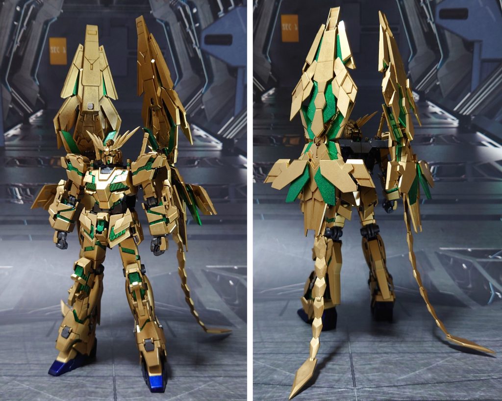 フェネクス(デストロイモード/覚醒)の前後ろ。肉抜き穴埋め、合わせ目消し、エッジ尖らせ、パーティングライン・段ズレ・ヒケ対処、市販パーツの埋め込み・貼り付けによるディティールアップ。左右握り手をHGUCデルタプラスから加工して、左右平手はHGUCユニコーンガンダム系からそれぞれ流用して追加しました。