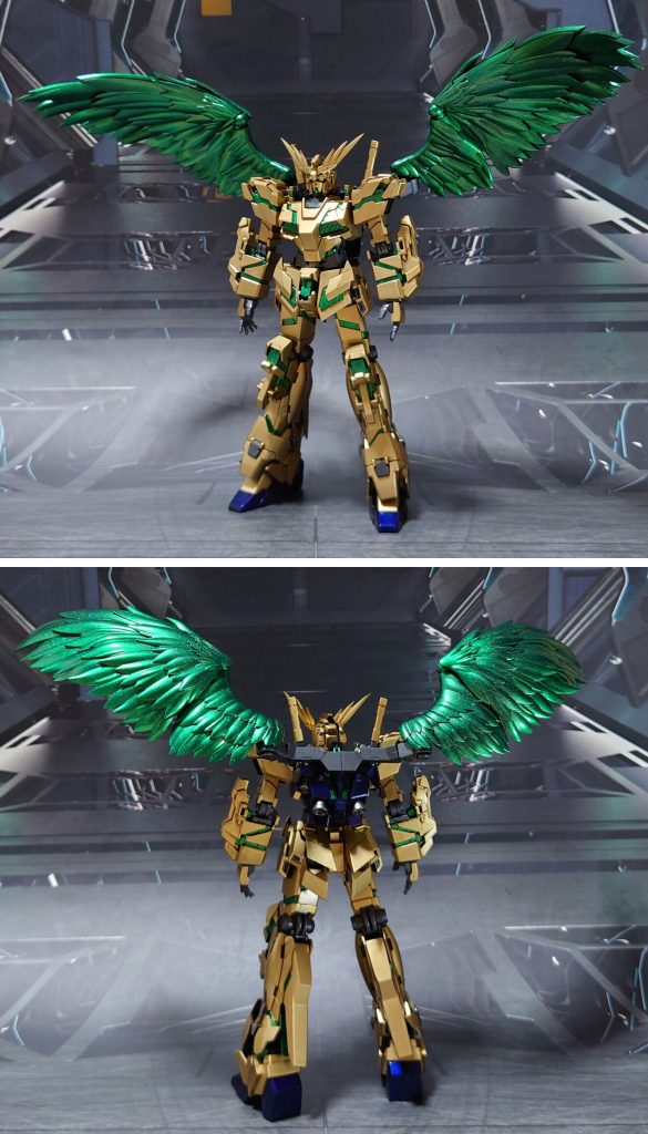 フェネクス(サイコフレーム翼)の前後ろ。接続はアームド・アーマーDEの接続アームに、適当なジョイントパーツを使用。回転軸が接続部で2軸、翼の中間には3軸あるので、かなりの表情付けが可能。■塗装レシピ金:黒サフ→ゴールド→光沢青:黒サフ→シャインシルバー→ディープメタリックブルー→光沢関節等グレー:黒サフ→ブライトガンメタル→光沢サイコフレーム部クリアパーツ:黒サフ→シャインシルバー→メタリックグリーン→ラメフレーク→光沢ポリキャップ:PPプライマー→ブライトガンメタル→光沢ビームマグナム:黒サフ→MSグレー連邦系→光沢ビームサーベル刃エフェクト(クリアグリーン成型):根元にベースホワイト→先端側にメタリックグリーン→全体に蛍光グリーン有機翼:黒サフ→シャインシルバー→メタリックグリーン→ラメフレーク→光沢