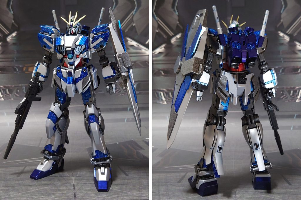 ナラティブガンダムC装備の前後ろ。肉抜き穴埋め、合わせ目消し、エッジ尖らせ、パーティングライン・段ズレ・ヒケ対処、市販パーツの埋め込み・貼り付けによるディティールアップ。手首は右銃持ち手以外、30MMのオプションセットから流用。手甲も全て、同じオプションセットから流用しています。