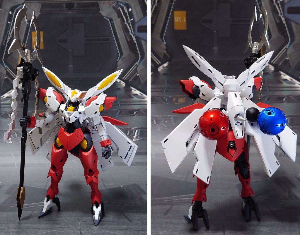 ベギルメの前後ろ。各所エッジ尖らせ、合わせ目消し、肉抜き穴埋め、パーティングライン・段ズレ・ヒケ対処、市販の金属/プラパーツによるディティールアップをしつつ全塗装。腰リアアーマーをミカエリスのものに変更、残ったベギルベウのリアスカートをフロントに取り付けることでそれぞれ大型化。足首はクロー削り、爪先/踵の肉抜き穴埋め後に、爪先を上下逆に取り付け。■塗装レシピ白:グレーサフ→ベースホワイト→つや消し赤:グレーサフ→MSレッド→つや消しフレーム・手首グレー:黒サフ→ファントムグレー→つや消しセンサー・アンチドート発光部:白サフ→黄橙色→光沢ノンキネティックポッド赤:黒サフ→シルバーリーフ→クリアレッド→光沢ノンキネティックポッド青:黒サフ→シルバーリーフ→クリアブルー→光沢ノンキネティックポッド接続部:黒サフロッド黒:黒サフロッド銀:黒サフ→ブラック→メタルシルバー→光沢ロッド金:黒サフ→ゴールド→つや消しその他墨入れ・部分塗装:ガンダムマーカー各種→つや消し