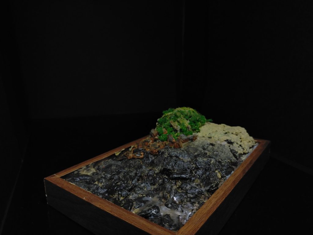 土台のジオラマについては、100円ショップの小物入れに紙粘土やコルク粘土で下地。塗装はタミヤアクリルや情景テクスチャー。緑の部分のダイソーでいつけたジオラマ用の素材を使用してみました。100円ショップのものもなかなか侮れないですね。青い機体言えばグフ・・・違う色になってしまってますが、青い機体で投稿させていただきます。最後までお付き合いありがとうござます。