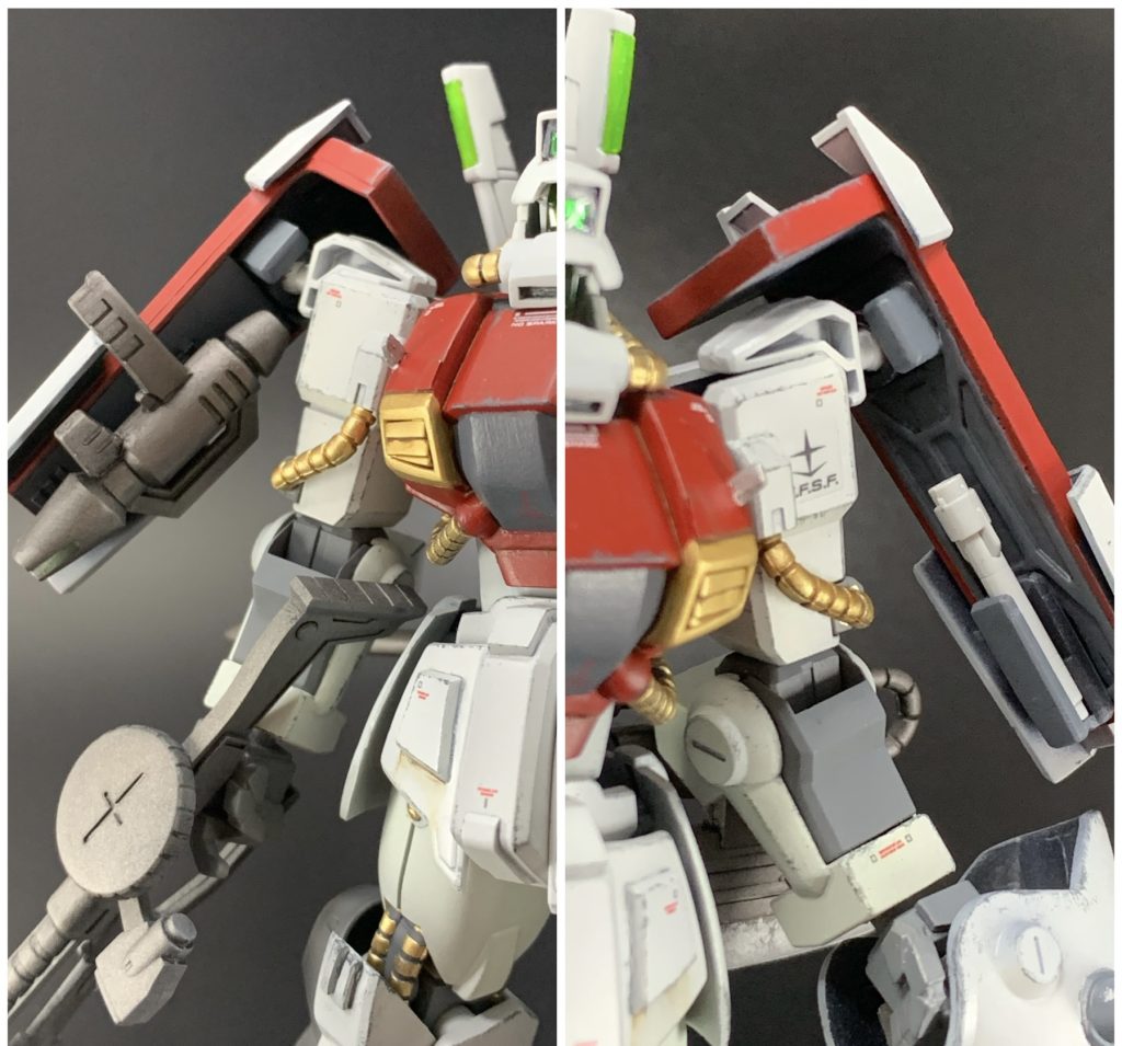 右シールド裏にビームスプレーガン。左シールド裏にビームサーベル。射撃、格闘、どちらも連邦系ジオン系の武装を装備。