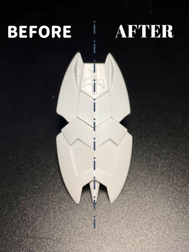 強いて言えば気になったのは全身のボヤッとした感じ。手触りよくするには致し方なしなのですが、シャキッとさせていきます。特に白単色の機体なので余計ぼやける。こういうところに「なんかよくわからんけどかっこいい」が詰まってると信じて整えます。