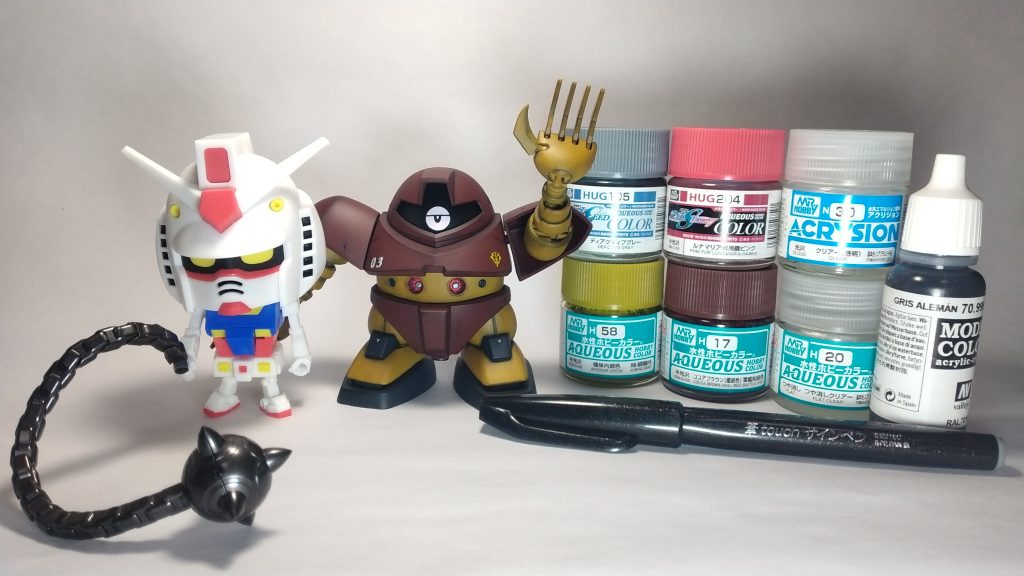 最後は今回使用した塗料と一緒に。モノアイの瞳はアッシマーくんの眠そうな目が大好きだったのでこんな感じに(zaku-kao10)ガンプラくんにはハンマーの投げ手で出演して貰いました。ハンマーはDTAのレムさんから借りてます。いつも気が付いたら記念日が過ぎててなかなか作れてませんでしたが、今回ようやく記念日投稿ができました(zaku-kao5)最後まで閲覧して頂きありがとうございましたー！！