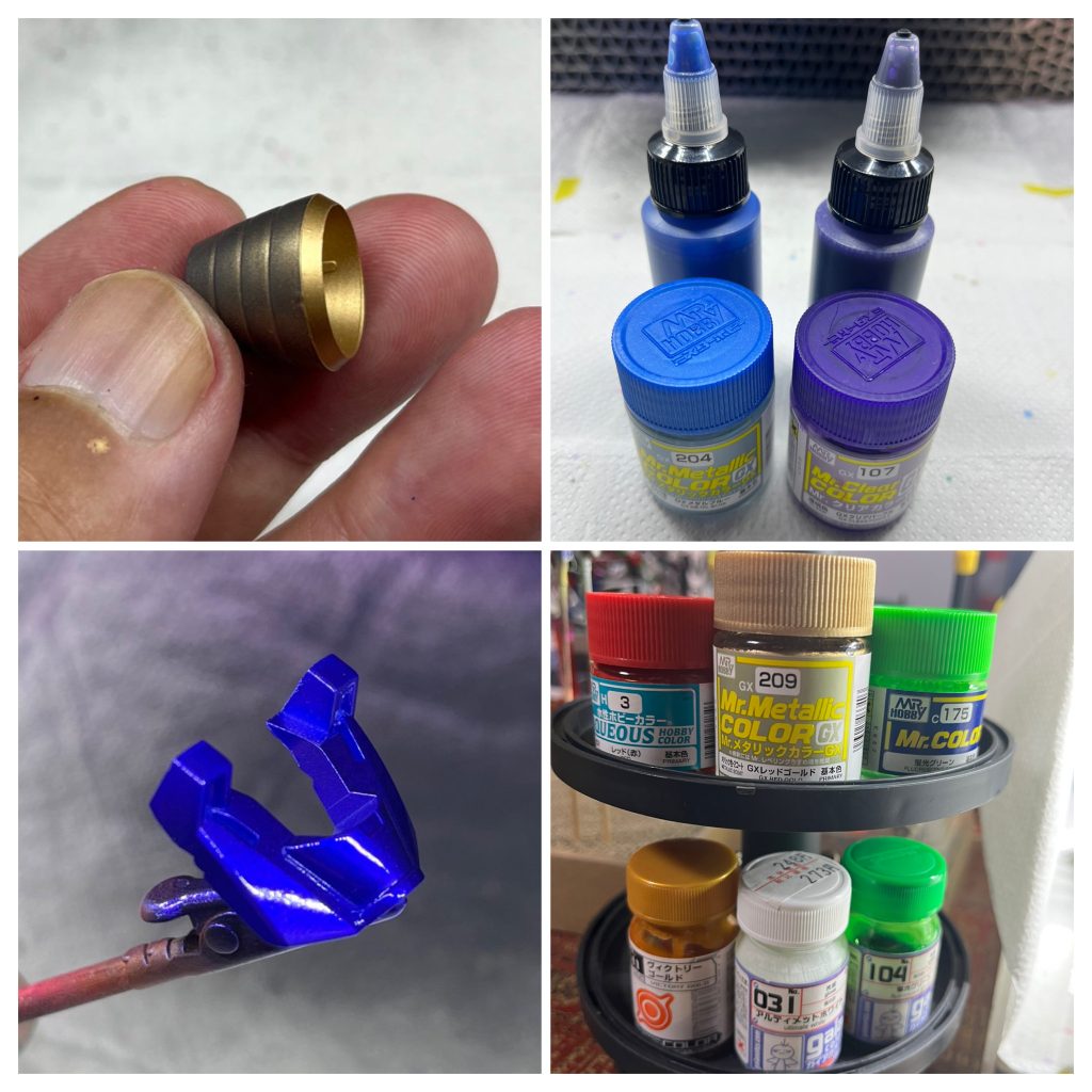塗装〜。 ブースターは横着して内部の金を外側にもふわっと乗せてなんちゃってメタリックにw青部分は今後やりたいメタリックブルー+クリアパープルの手抜きキャンディのテストピースにしてます。なんやかんや塗ってたらそこそこ色の種類は増えてしまいました…(*´꒳`*)