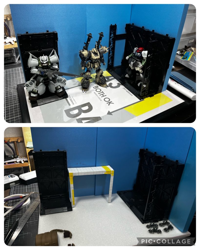 おふざけもほどほどに制作工程です。機体の改造方法はいろんな方がたくさんやられているので今回はジオラマに絞って書いていこうと思います。土台はいつも100均の写真立てを使っています。今回はたくさんMSのっけたかったのでA3サイズのものを用意し、使いたいものを置いて位置決めをします。仮組みの2体は今後制作予定のものです。細かなサイズがあるので位置決めの時に用意してあると便利です。位置決めをしたらセリアのスチレンフォームで壁や地面を作っていきます。