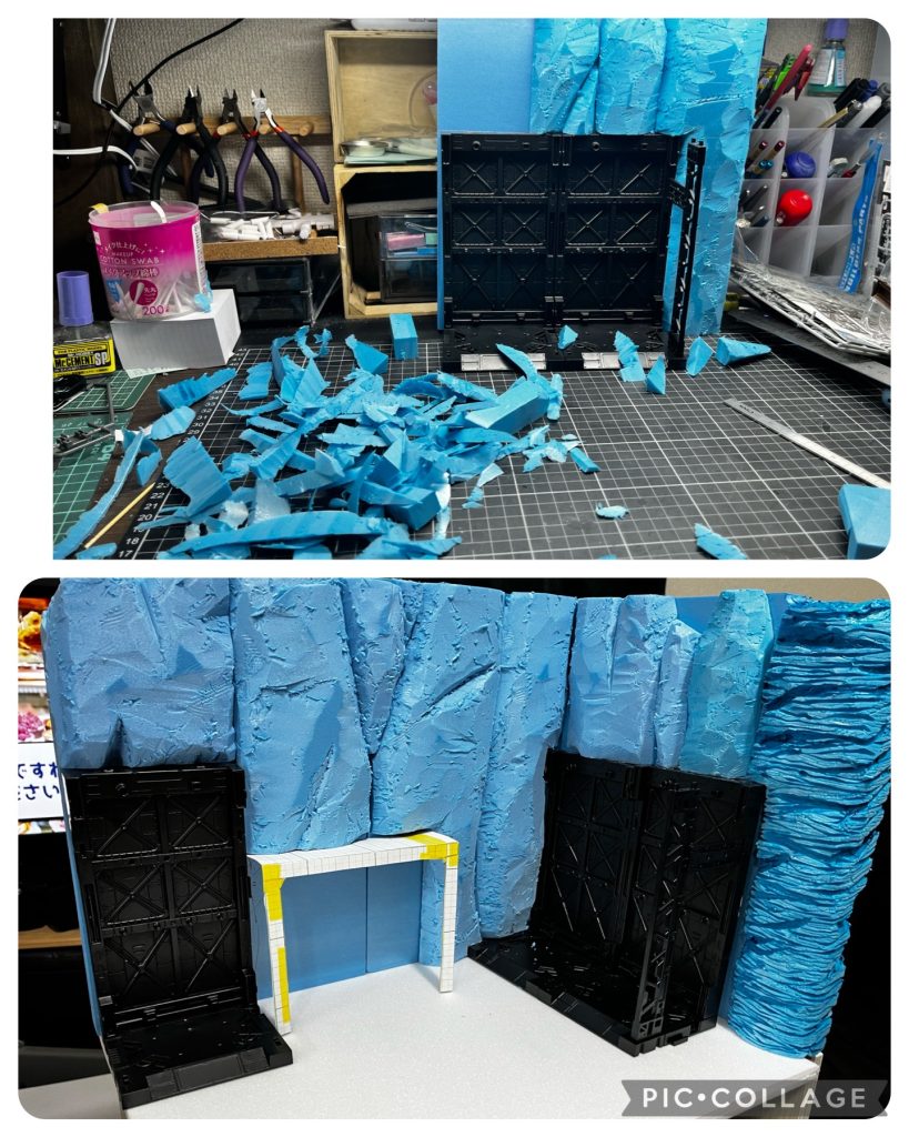 砂漠の岩山の画像を見ながらカッターで大まかな形に切り出します。岩の中にディスプレイベースが埋まっているように見えるよう両面テープで2枚重ねています。出入り口もイメージを掴むために工作用紙で仮に作っておきます。切り出した岩肌にはんだごてを使って横方向に溝を掘っていきます。均一にならないようにランダムにするといい感じになるんですかね。