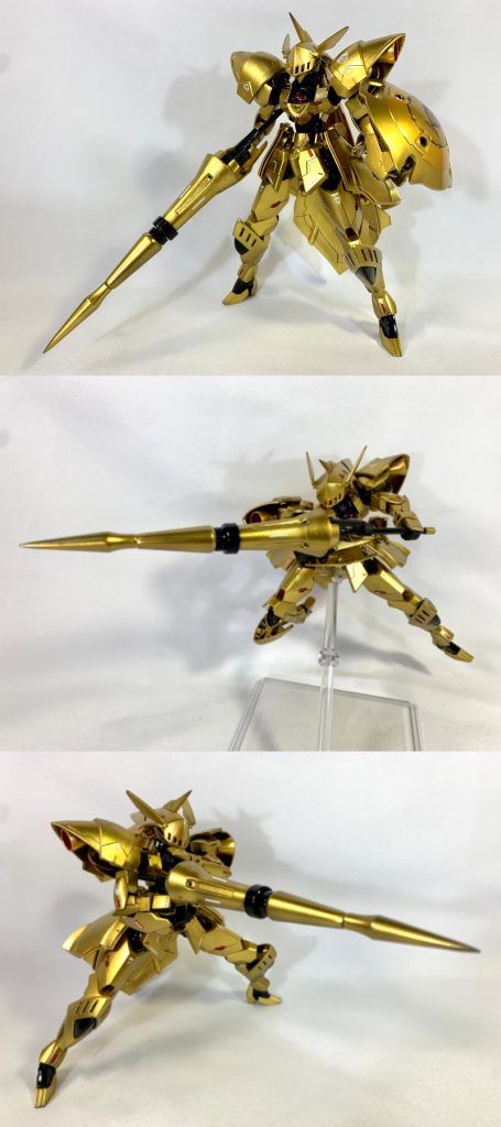 メイン武装のバスターランス。機体同様にビーム偏向塗料が蒸着されているため、持ち前の対ビーム防御と高機動を用いて突撃する戦法を得意としています。柄のグリップを引き出すことによりビームバルカンとしても活用できます。