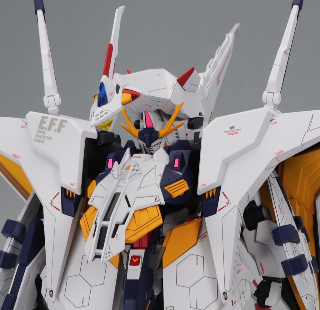 MAを彷彿とするシルエットのおかげで全然ガンダムに見えないので連邦系の機体である事の表現でEGガンダムからVマークを移植。フロントのFFユニットのアーマー部分の塗り分けを変更しています。