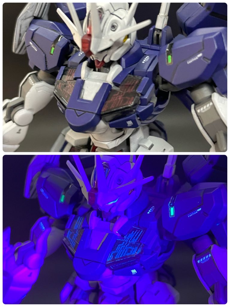 シェルユニットはインモールド整形の貼り付けた感じに違和感があったので、イタミテック様の動画を参考にアレンジして作り直しました。データをプリントし黒部分をラミネートフィルムに転写、蛍光クリアを吹き付けたラピーテープ赤の上に貼り付けることで、通常時は赤でUVライトを当てたときにパーメットスコア6状態になるようにしています。ここはかなりイメージ通りにできたのでお気に入りです。(写真はちょっとUVライト強すぎでわかりづらいですね…)https://m.youtube.com/watch?v=hJ-qtBap9_I