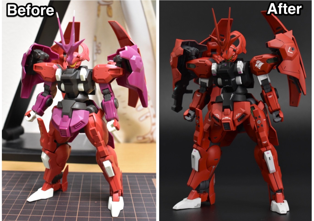 はじめにHG 1/144 ダリルバルデ(改修型)のビフォアフターです!左側が塗装前、右側が完成後になります。