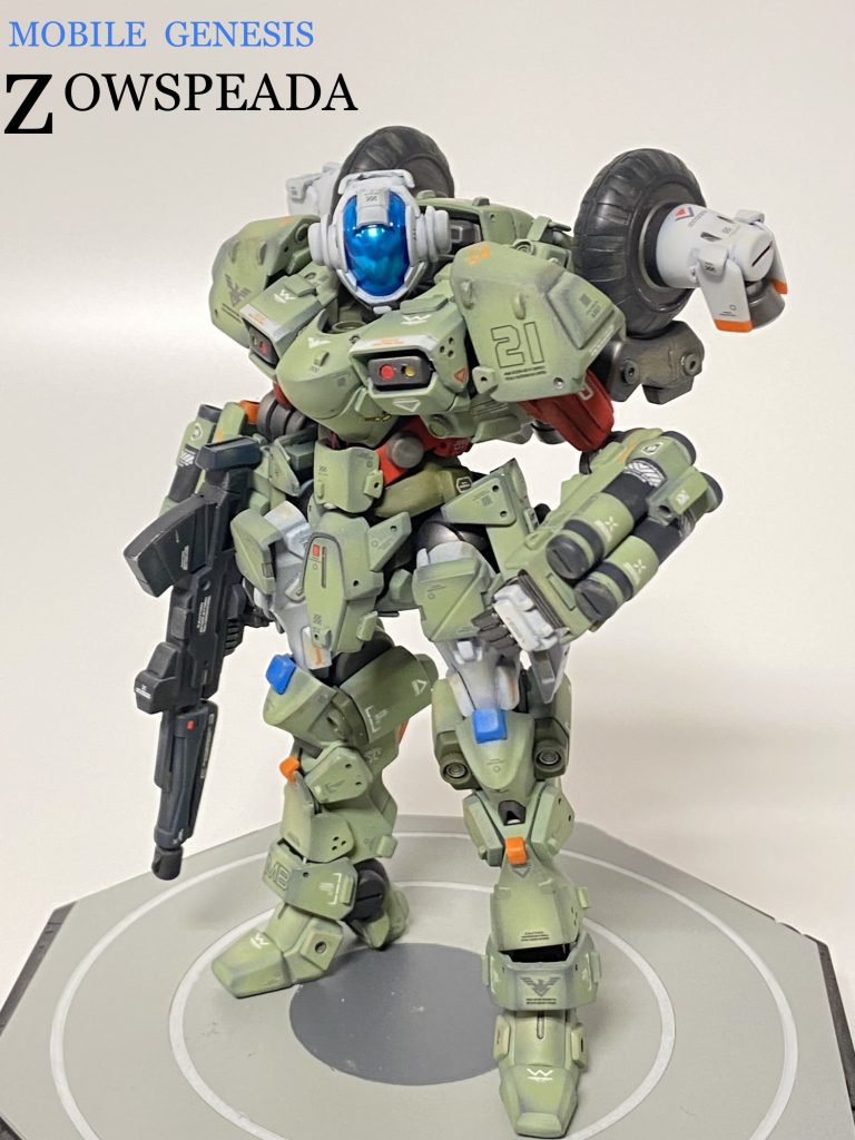 そして完成。この画像はヘッダー用にフォントまで入れたのですが、余りに違う色で写ってて、他の画像と色合いの整合が取れずに没にした画像です。なので、ここで供養。ちなみにこのポーズ、アオシマさんの名作キットのパッケージのオマージュだったりします。これにて解説終了です。Twitterで「ベース、ザウォート??」ってコメントが多かったので今回は制作過程マシマシでお送りしました。以上、ここまでご覧に頂き、ありがとうございました。