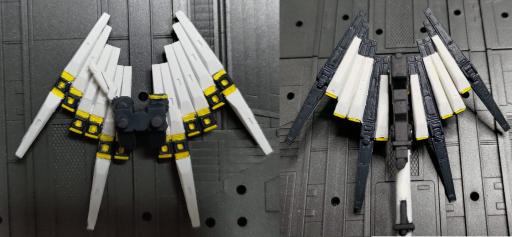 フィン・ファンネルのえっちな肉抜き穴はタミヤのゴールド・エクスペリエンスパテで埋めて、右翼側は余りものを輪切りのソルベのように切り離してバラバラにしてから、ブチャラティに再接着してもらっています。