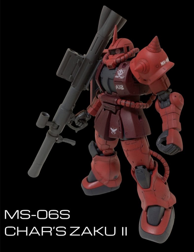 ザクはやはりバズーカが似合います。特にこのオリジン版のバズーカがとても好きです塗装は、胴体はマルーン、頭と手脚は、レッドに少しグレーを足してトーンを落としています。黒い部分はMSグレーだったと思います。そしてなぜか足の甲の部分が黒い…ここ本当は赤色が正解のはずですが、塗り分けを誤っています