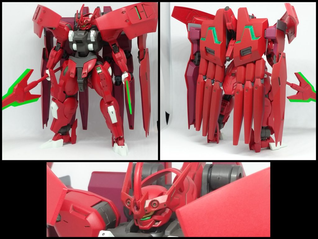 フロント＆リアビュー。と、顔。色は基本的にはバックパックと色を合わせるために赤い部分をモンザレッドによる塗り直しのみのお手軽塗装で、ところどころ部分塗装も行いました。本体には手を加えていませんがバックパックには行き場を失ったイーシュバラBタイプ（ビームサーベルの刺さる腕）の基部を縦に配置することでそれらしい雰囲気に収めてます。着脱ギミックも使用可能です。また、頭部にはジャイオーンのアンテナパーツを加工して据え付けてあります。正面から見ると庇のおかげでガンダム顔っぽくなるのがお気に入りだったり。