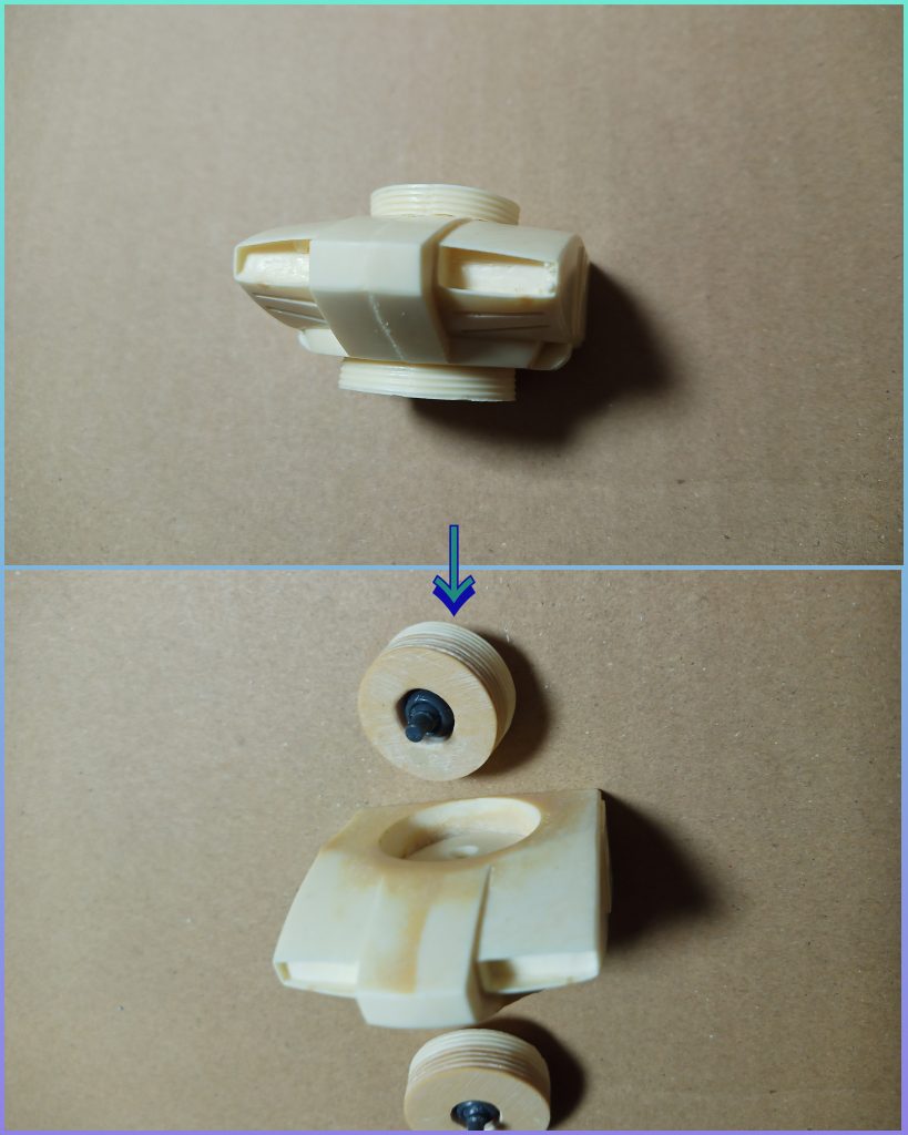 説明書そのままで組んだ場合の可動は「頭と胴体に軸刺して回転可動」ぐらいだったので「頭と胴体はスイング可動させたいなぁ」と単純にボールジョイント仕込もうかと思ったんですが、可動のクリアランスが確保出来そうな胸部パーツには首とウエストが一体成型されてました(;´д｀)なので百均ノコでゴリゴリ切断し胴体側にクリアランス確保した上で首とウエストパーツをパテで延長(その後縞々を埋めて間隔広めに彫りなおし)…