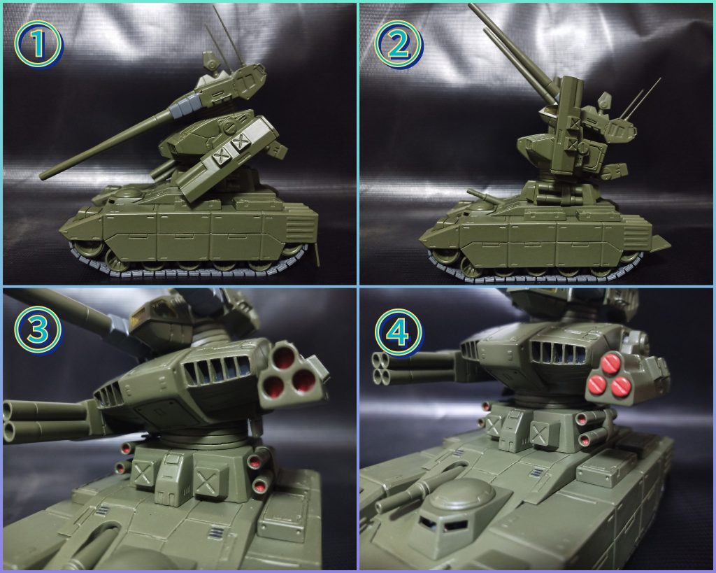 ①、②スイング可動できるようにしました！あとバックパックや各種砲にも関節仕込み、後ろの泥跳ねガードは1ミリのプラ板に0.5ミリの真鍮線差し込むなどしてそれぞれ可動化(^^)アンテナは当初真鍮線で作ろうかとも思いましたが、下手に引っかけてグニャンと曲がるのも嫌だったので市販パーツを加工して基部に極小のボールジョイント仕込んであえて動くようにする事で引っ掛けたりしてもある程度力を逃がせるようにしました！これでブンドド遊びも安心(о´∀`о)　※投稿者はアラフィフのおっさんです③脇腹のヒレもプラ板に真鍮線刺して可動にして作ったので腰の横スイングもできます(^^)④左腕のミサイルランチャー弾頭(ミサイルカバー？)は飛び出している表現の資料も散見されるので追加のオマケパーツを作成