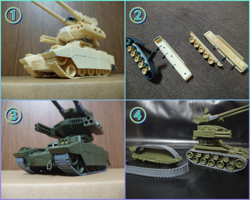 ①工作が進むにつれ気になって仕方なくなったのが履帯と転輪の表現でした…下から覗き込まないと分からないんですがキットの履帯は半分までしか再現されてなく、前後端の転輪は半分カットの状態でその上の履帯カバーはみっちりレジンが詰まってる造りなんですよ…②どうしても気になってきたので履帯カバーのみっちりレジンを裏からえぐり落とし、HGUCガンタンクのジャンクパーツ等で追加工作(履帯は長さ足りなかったので途中で切って真鍮線横から刺して継ぎ足し)③下から覗き込んでも萌える仕様にしました'`ｧ(;//́Д/̀/)'`ｧ④履帯カバー外すとこんな感じ…履帯の継ぎ目も真鍮線でやればより自然な感じにはできるんですが付け外しの整備性を優先し継ぎ目パーツは上側の真ん中にくる形で残しました元キットの履帯は使えなくしてしまうのも勿体ないので端に引っ掛かりを作り履帯カバーの前後内部に彫った溝に引っ掛ける事で一応コンパチできるようにしてみました^^;