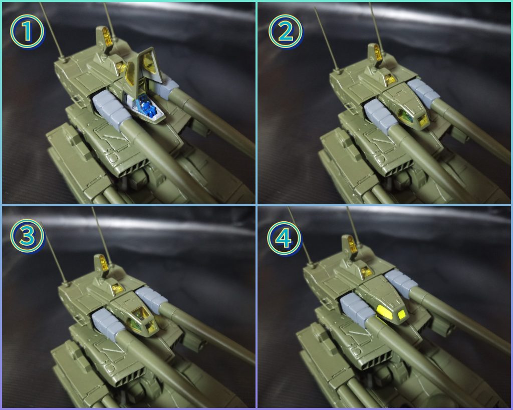 ①頭部キャノピー部分は元キットだと基部と一体化していた為切り落としてプラ板で開閉式のものを作りました！パイロットはビルダーズパーツ「MSフィギュア01」のものを加工して座らせ、色はグリプス戦役時の連邦軍一般兵という事で青色に塗装…う〜ん機体の色と似合わない(lll-ω-)②ノーマルヘッド③一部ゲームやトレカ、あとガンダムUCに登場した際の天窓有りバージョン④元キットパーツ使用…イメージとしてはバトオペ2で不自然なまでに光ってるコクピットを蛍光塗料で再現(強引)あ、それと頭部センサーはクリアパーツ化し、内部をデコってそれっぽくしました(о´∀`о)