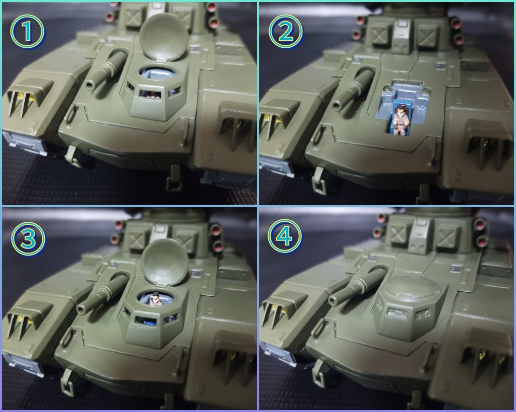 ①60ミリ機関砲の砲手搭乗部はハッチ含めプラ板にて作成…当初は横開きで作ってたんですがいざスジ彫りしようとバトオペの参考画像見てみると「え？この後ろにデザインされてるのヒンジだよな…て事は前開き？(;ﾟдﾟ)…いやいや元々の設定でどっち開きとか分かんないし俺の宇宙ではガンタンクⅡは横開きなんだよ」とか開き直ろうかと思いましたが自分の中のイメージとゲームで活躍した実績のあるデザインとを天秤にかけると作り直さざるを得ないという結論に至りました＿ﾉ乙(､ﾝ､)_②内部はこんな感じ…砲手は人手不足によりパイスー着てない人です、のイメージで③人手が潤沢な際には前にパイロット後ろに予備要員という乗せ方もできます④元キットパーツ使用…バトオペだと窓が塞がってるのでそのイメージで(閃光or粉塵ガードの為のシャッターかな？)