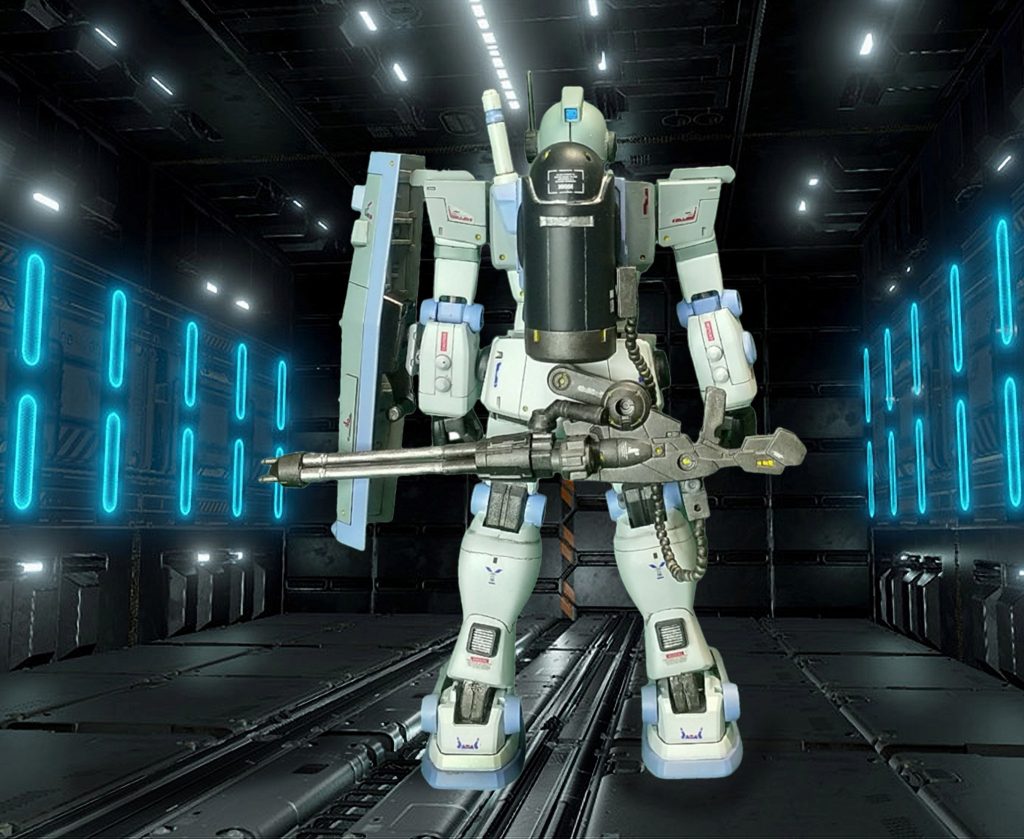 ジェネレータへの負荷を考慮しエネルギータンクを追加(前回、ベンを作った時にオミットしたズゴックのアレ）。見えませんが、タンクとの干渉したので、バーニアの位置を変更。ビームガトリングガンは、腰にマウント。脚にはスラスターを追加。テスト開始〜