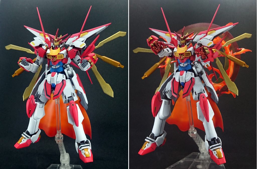 ハイパーモード(左)・ハイパーバーストモード(右)支援機の羽を上下反転させ展開し横向きだった4つの棘？も斜め上下に動かします。ハイパーモードの方は本来この状態の時点で日輪があるのですがうっかり付け忘れてしまいました…。右のハイパーバーストモードの方では最大出力という事で日輪や炎のエフェクトを付けられるだけ付けています。