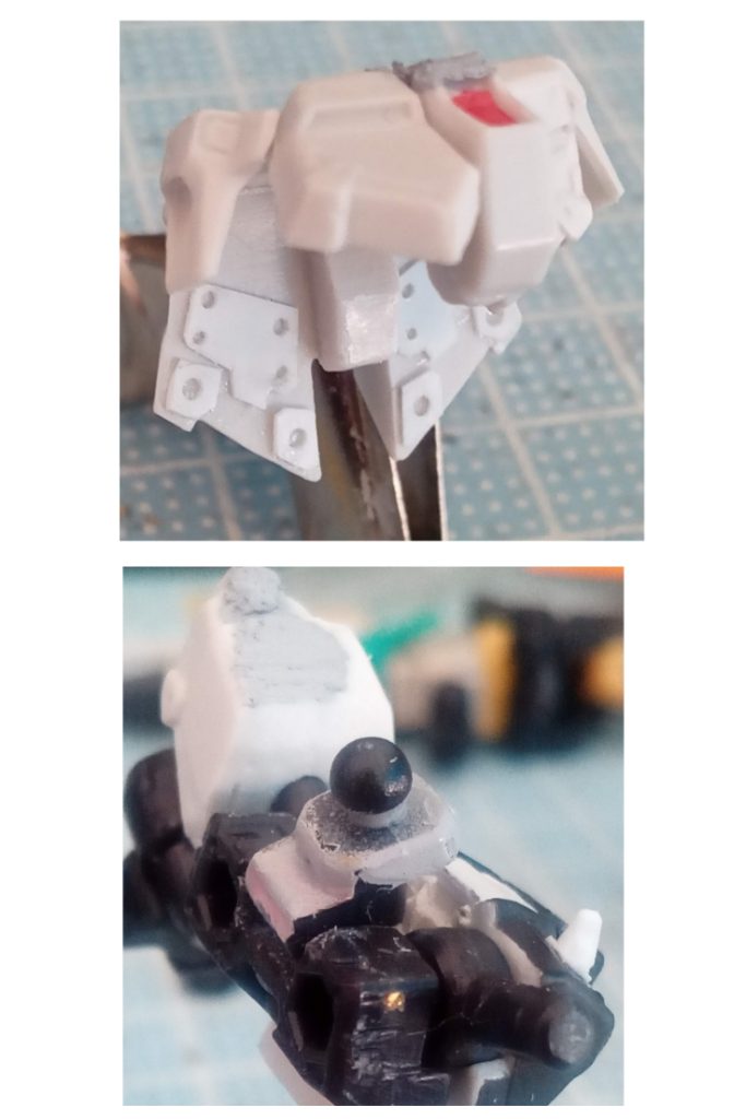 腰フロントアーマーを切り取り、真鍮線で可動化。リアアーマーの裏が見えるので、プラ板でディテール追加。首の根元の可動化。一回切り離し、ちょっと上気味に真鍮線を通して可動化。首の延長と顎引きを両立してます!