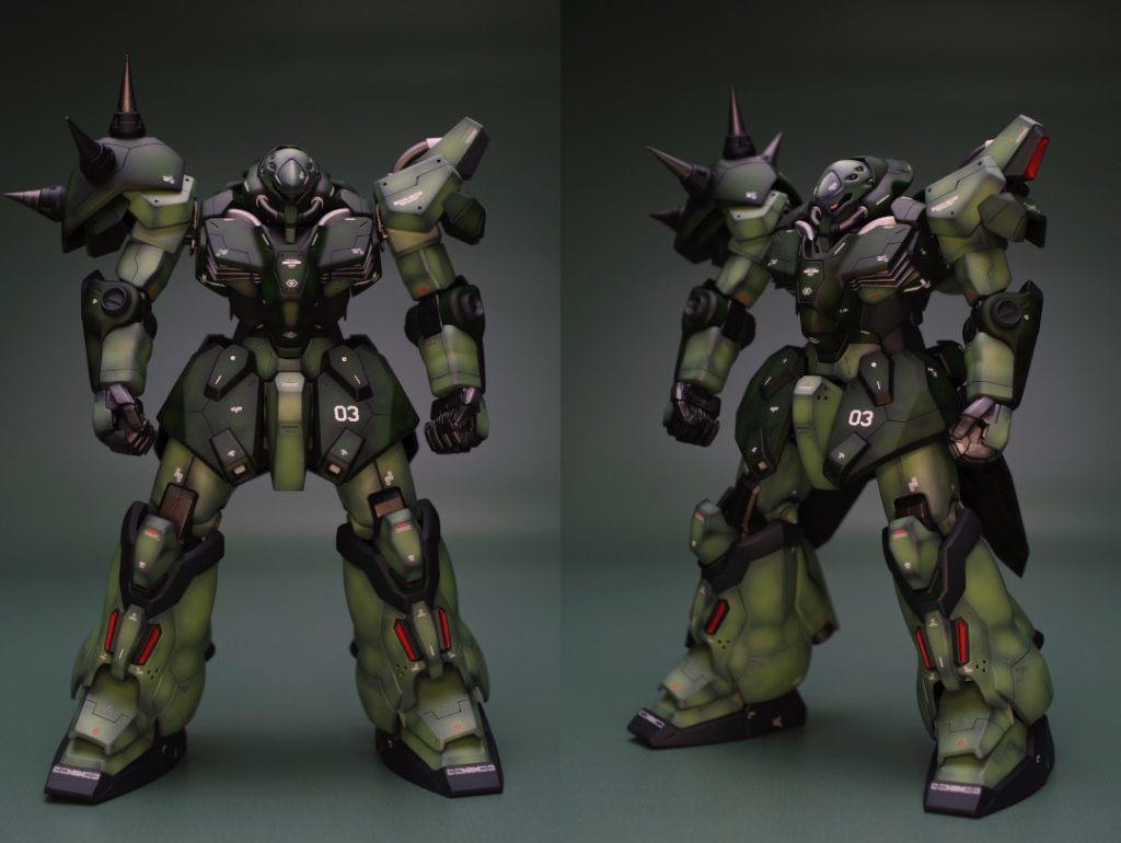 まえ(武装なし)スパイクアーマーは、ビルダーズパーツの1/100 MSスパイク01を使用しています。手は、1/100 MSハンド02(ジオン系)を使用しています。