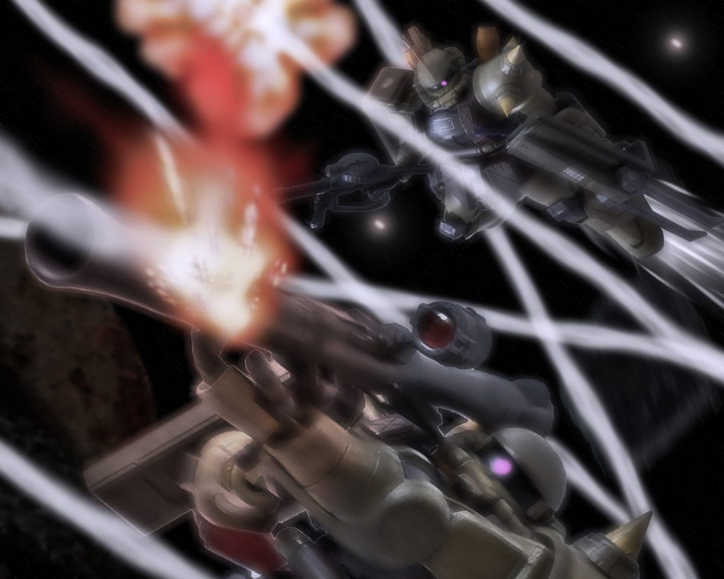 シュタイナー達がミサイルを確認した途端、3発のミサイルの弾頭が割れ一斉に小型ミサイルが再加速し襲いかかる。いくら熟練パイロットといえどこれを全て撃ち落とすのは不可能だ。回避しながら可能な限り迎撃するが、ミーシャは手持ち武装に直撃する。小型になり一発の威力は減少したが、武装を使用不能にするには充分な威力であった。「くそっ、やりやがったなっ!」続けてバックパックにも被弾しコントロールが一時的に不能になる。