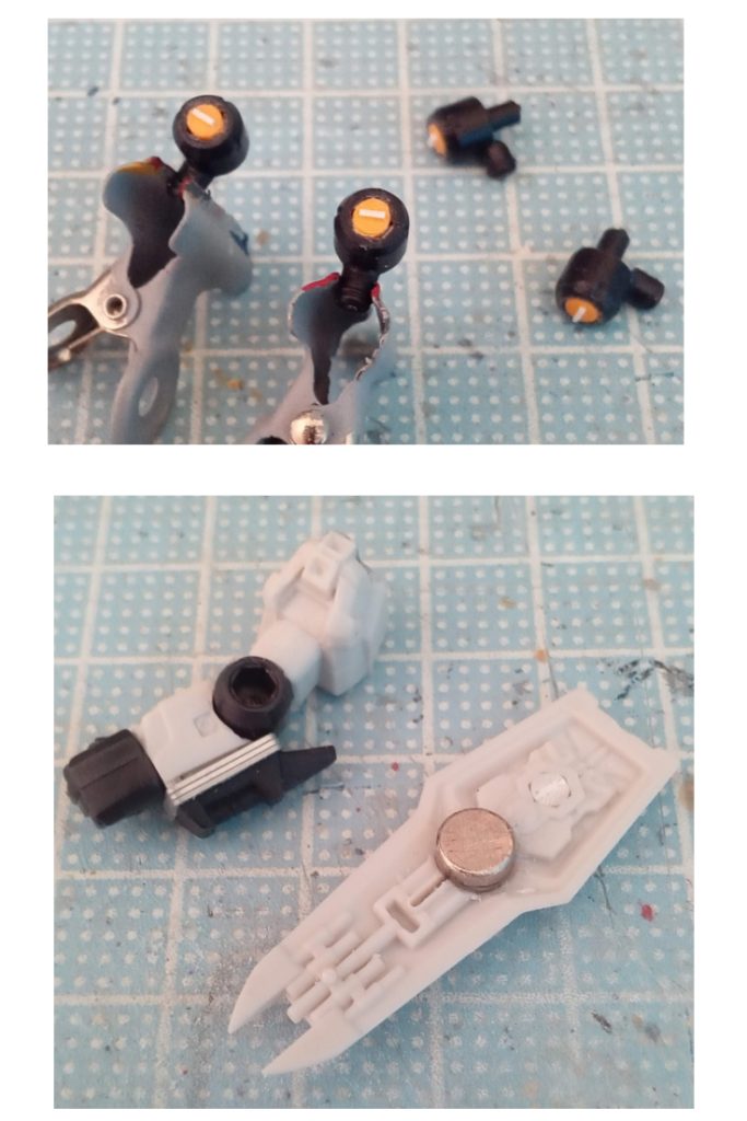 アンサンブル特有の関節(装備類をつける穴がある)をffぽくするためプラランナーで埋めて、ディテール追加。それに伴いシールドが装備できなくなるので、磁石&ホッチキスの針で改修。シールドの磁石ハメるとこを掘り接着。腕アーマーにホチキスの針を接着。自分で言うのも何なんですがナイスアイデア!(*^^)v