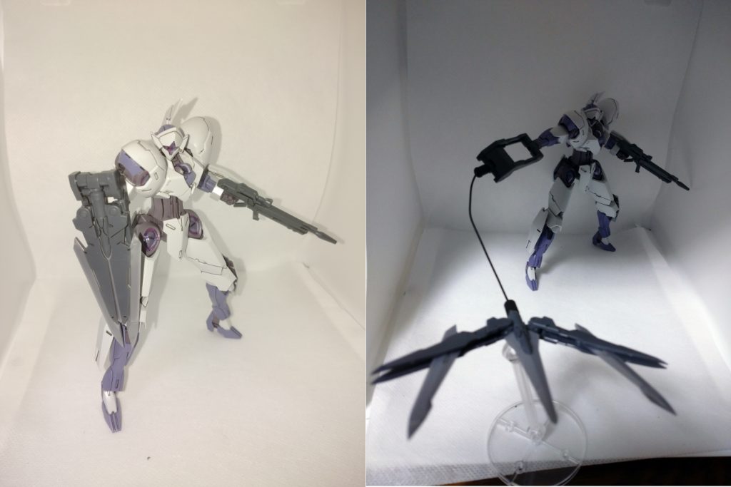 　これはおまけのアイデンティティ装備をパーツ取りされて寂しそうだったミカエリスくんに余った（本当はべギルペンデの両腰につけてネコマタっぽくにする予定だった）トライデントスピアをつけてあげたものです。　けっこう様になってるしちゃんと有線で飛んでいくので意外とマッチしているのでは。　さすがに射撃武器はついてないのでEGストライクのビームライフルをあげました。