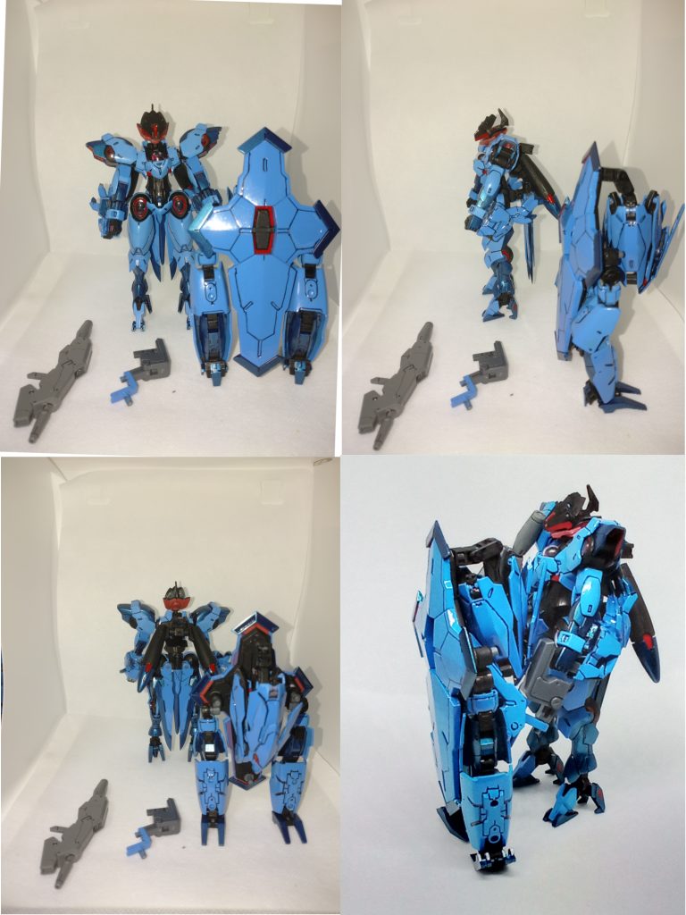 　まずはモビルスーツ形態＋自立式盾の素立ち＋各方向から。　べギルペンデの盾は重くて自立しないという噂を聞いて、自立する盾を作りました！（半分冗談）　機体カラーはガンドアーム絶対スレイヤーするマンという復讐者的な意味と、単純にカラーリングがメチャクチャ好みという理由でオルフェンズのヴィダールに寄せてます。　赤塗料が塗り方雑なのはあふれ出る血涙とか収まりきらない復讐の憎悪の炎とかの表現にならないかな、と思ってのことなので一応わざとです。もともと塗りは下手ですが今回はわざとです（必死）！！　改修点は変形時に上手く四足の獣っぽく見えるように付け足したパーツが主です。　・盾に30MMガルドノヴァの腕（変形時前足）とミカエリスの大型有線クロー（変形時頭、頭部パーツは30MM戦国アーマーから）、その他必要なアタッチメントを取り付け。　・べギルペンデ本体の腕に30MSスピードアーマー（変形時後足）をあれこれ装着＋接着。　・後腰アーマーをMSGトライデントスピア（変形時しっぽ）に付け替え。　・バックパックのメインバーニアを取り外しＣ型ジョイントを3mm受けに付け替え（メインバーニアなしにどうやって推力確保してるんでしょうね？）。　・頭部のエルドラにいそうなシルエットをジャンクパーツ（たぶん30MMカスタマイズヘッド）で被せてちょっと犬っぽいシルエットに変更。