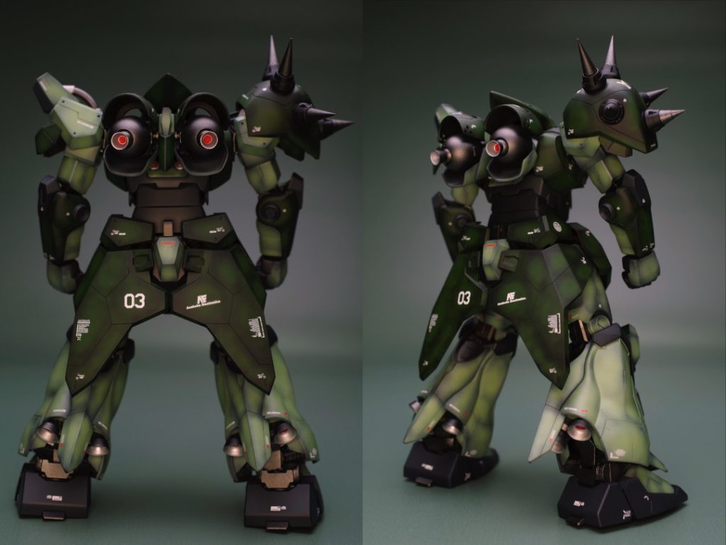 うしろ(武装なし)スジ彫り、メタルパーツ少々、グラデーション塗装を行いました。デカールは、自分としては多めな感じです。